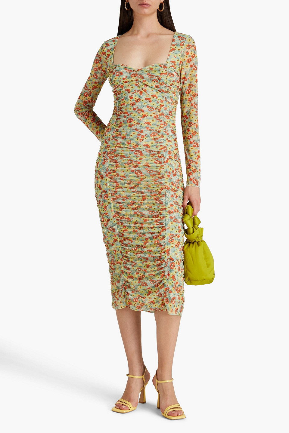 Ganni Printed Mesh Midi Dress In Leaf Green