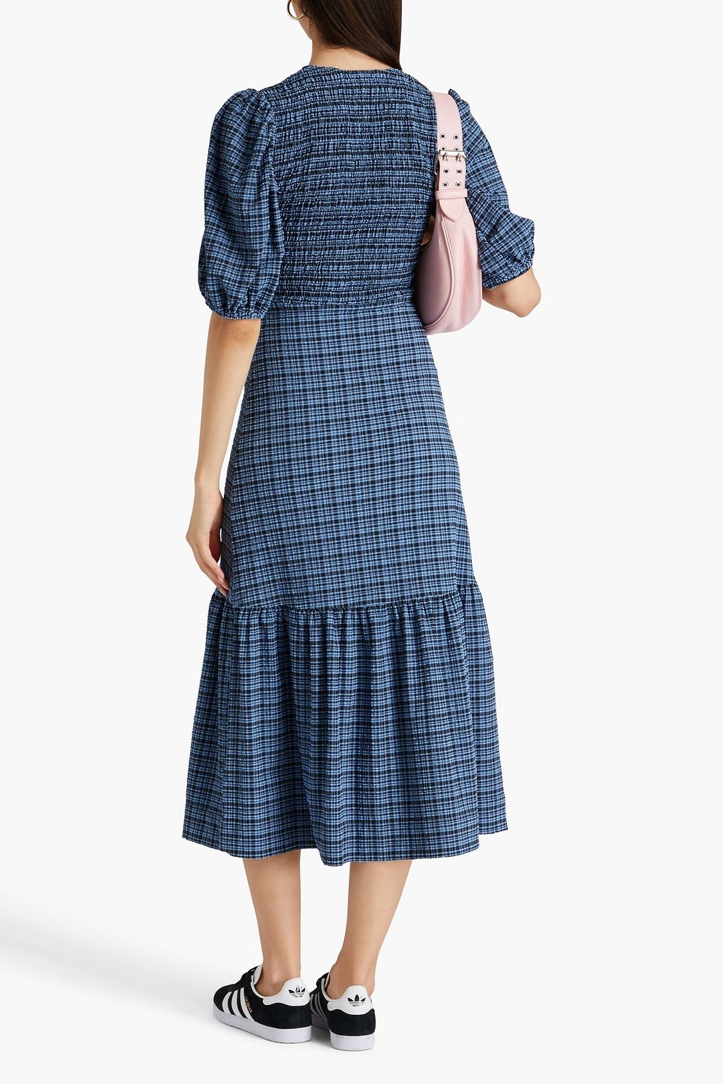 GANNI Shirred checked seersucker midi dress