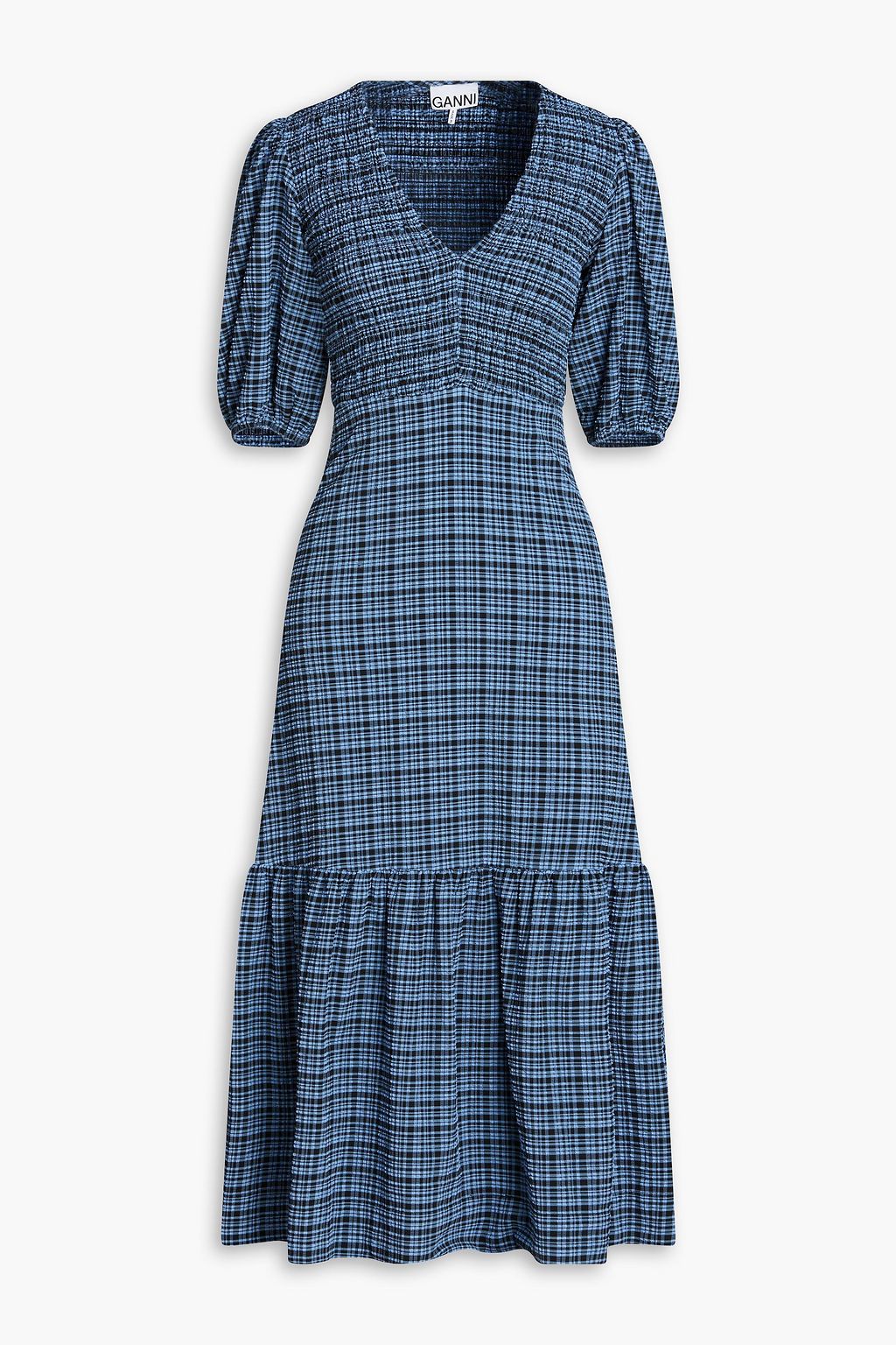 GANNI Shirred checked seersucker midi dress | THE OUTNET