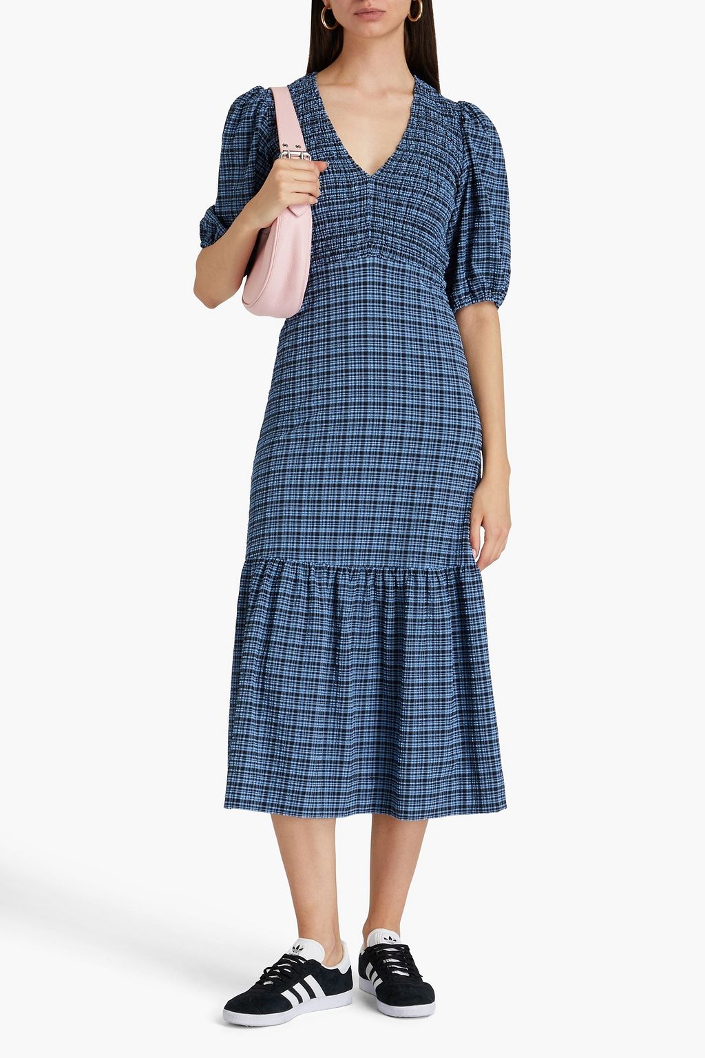 GANNI Shirred checked seersucker midi dress