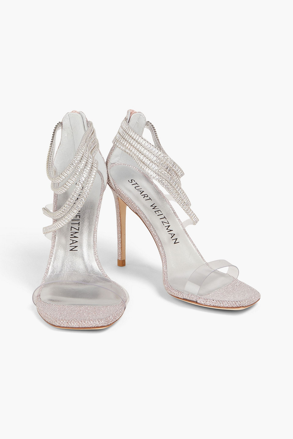 Shop Stuart Weitzman Super Glam 100 Embellished Pvc And Lamé Sandals In Baby Pink