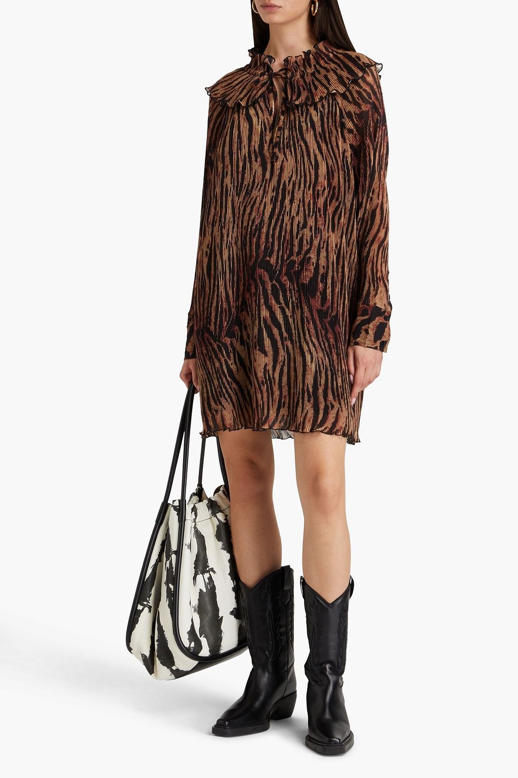 GANNI Ruffled tiger-print plissé-organza mini dress