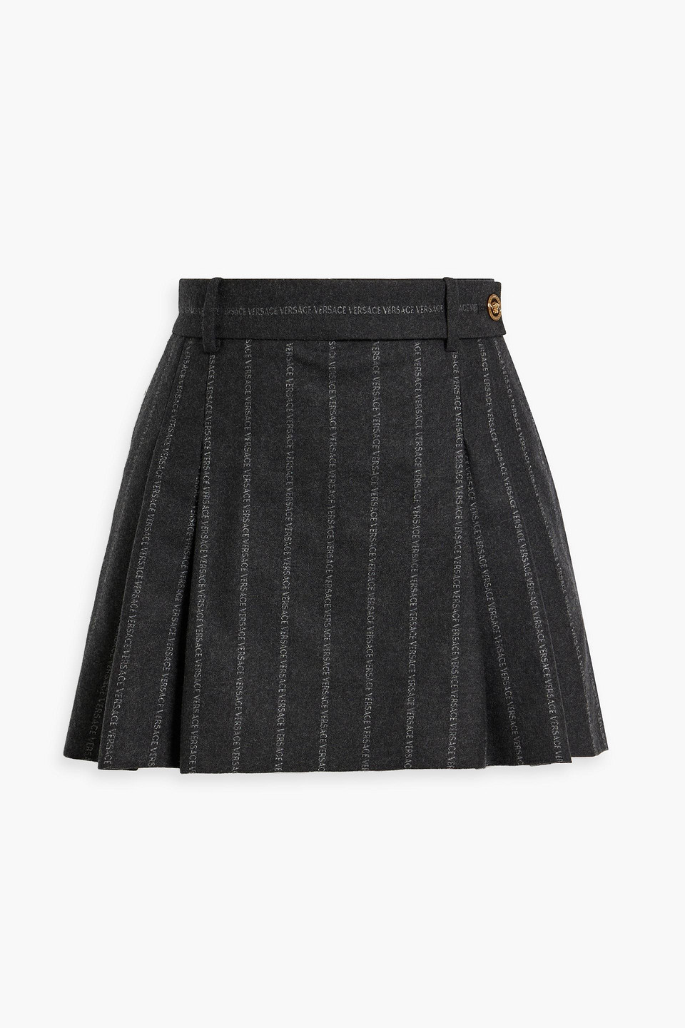 Versace Logo Pleated Pinstripe Wool Mini Skirt In Charcoal