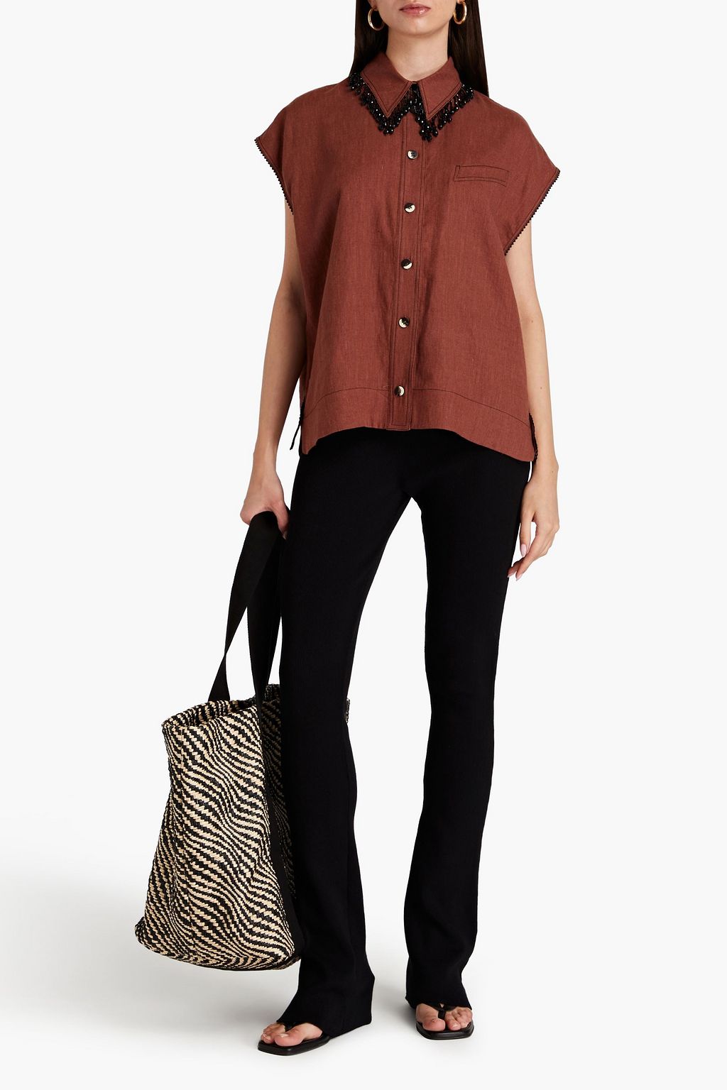 GANNI Bead-embellished hemp shirt