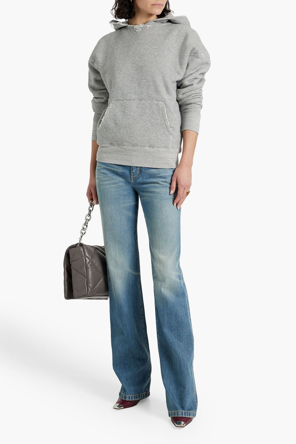 SAINT LAURENT Distressed printed French cotton-terry hoodie