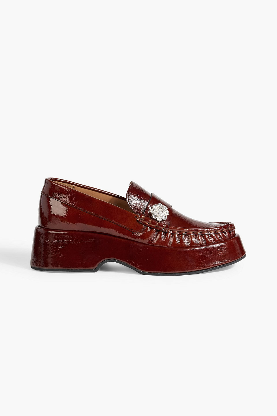 Ganni Crystal-embellished Patent-leather Loafers In Brown