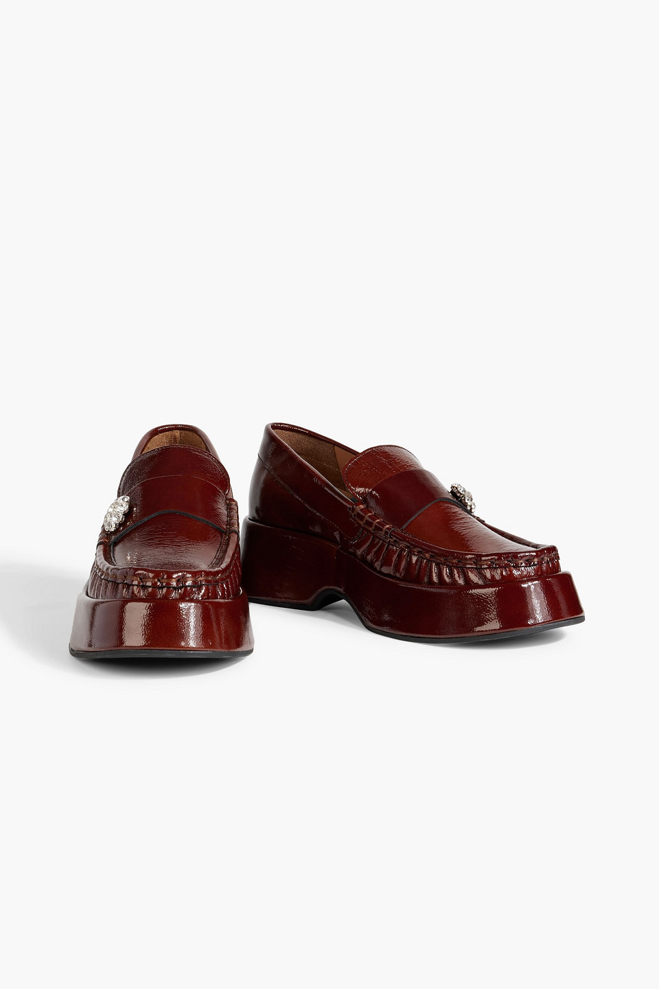 Ganni Crystal-embellished Patent-leather Loafers In Brown
