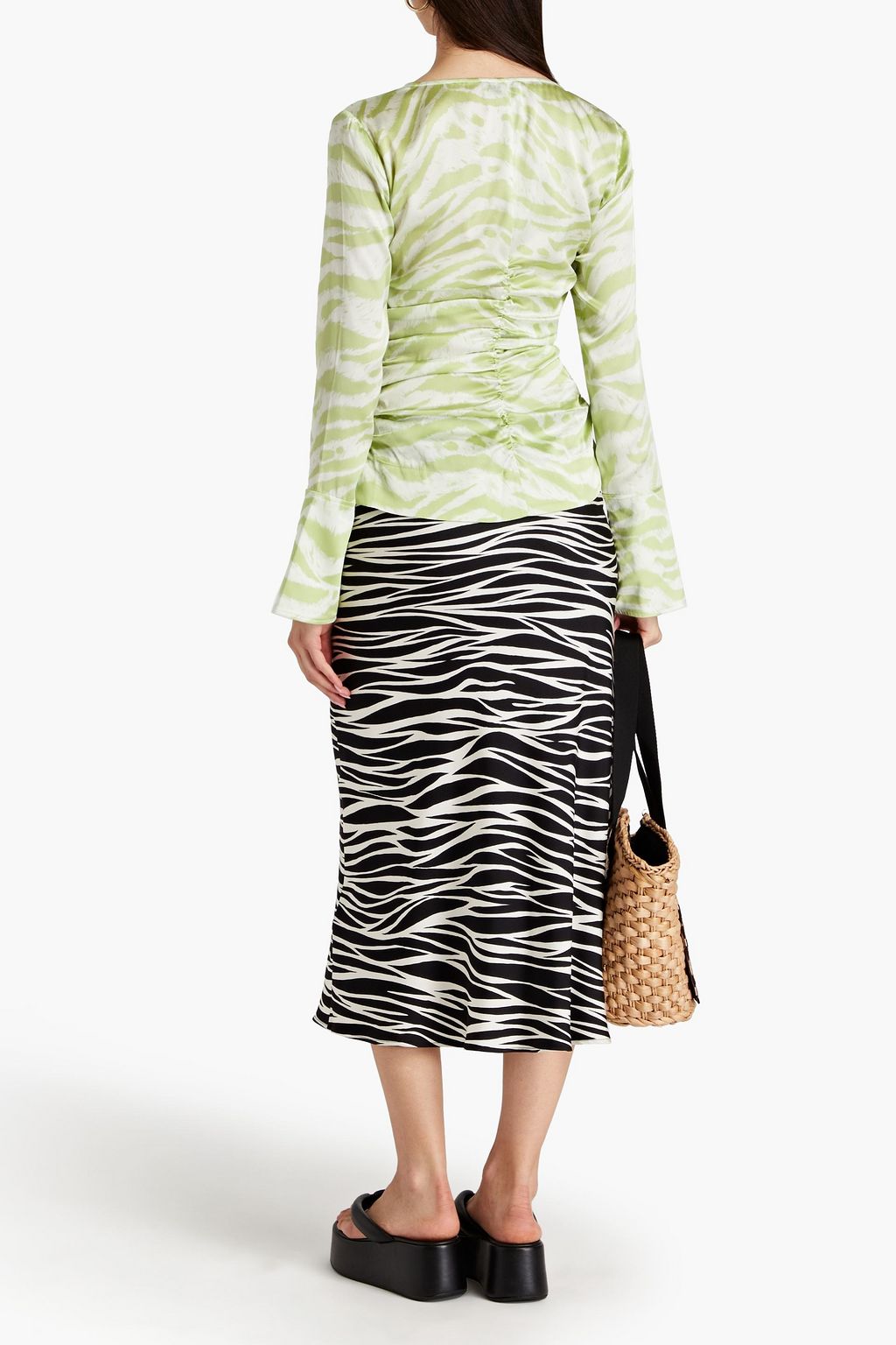 GANNI Ruched zebra-print silk-blend top