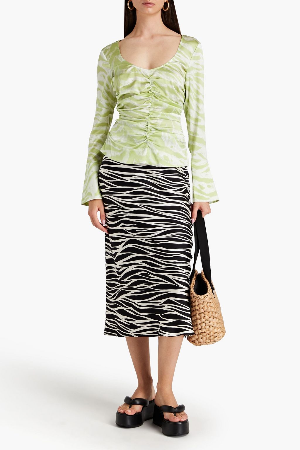 GANNI Ruched zebra-print silk-blend top