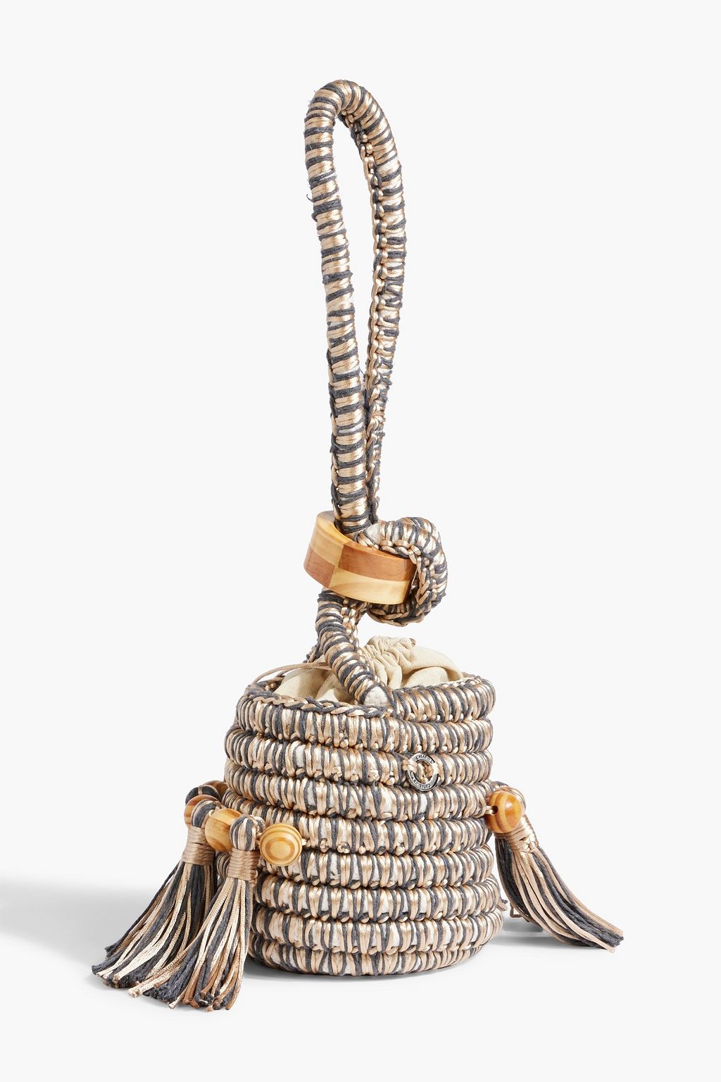 CATARINA MINA Tasseled bead-embellished woven bucket bag