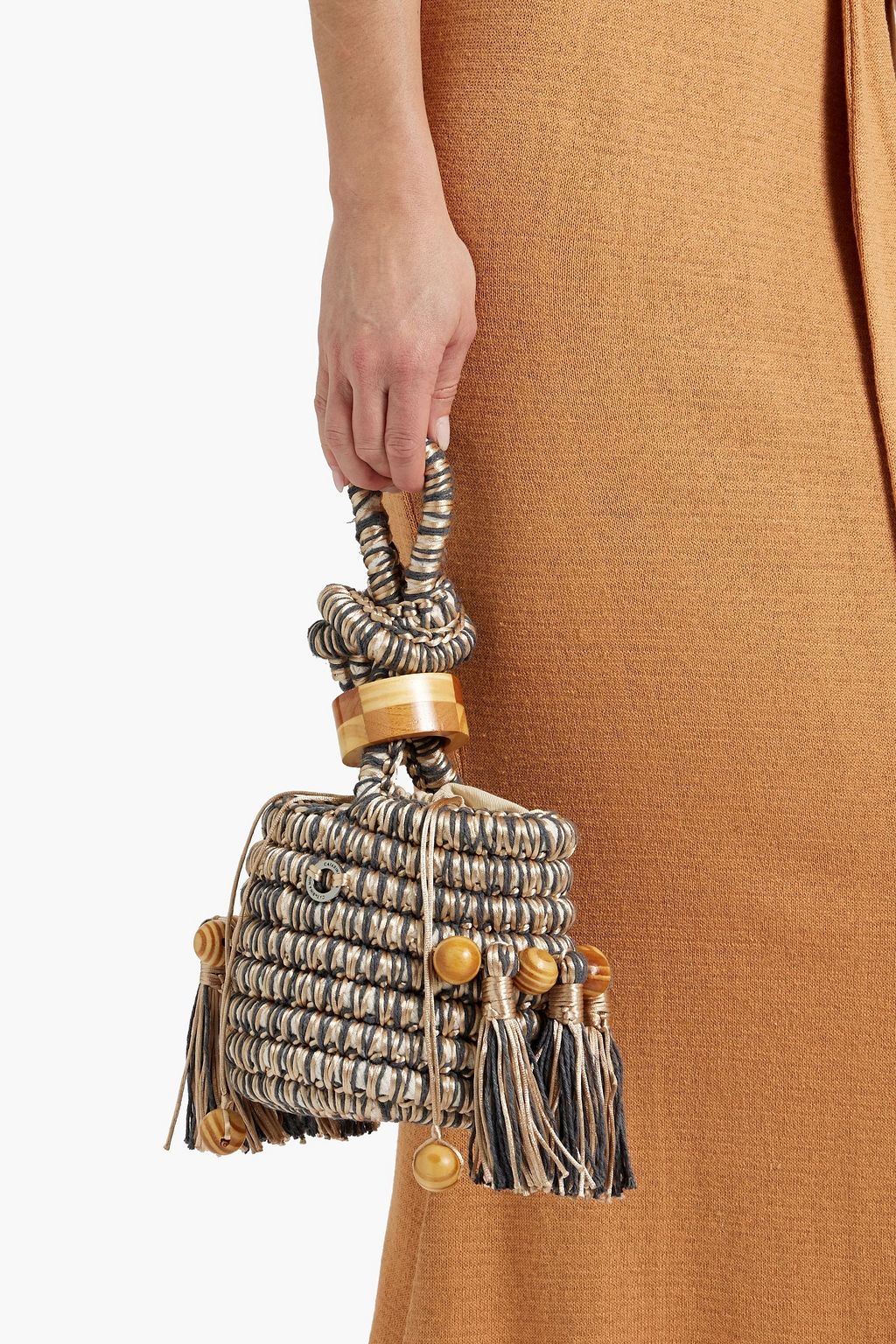CATARINA MINA Tasseled bead-embellished woven bucket bag