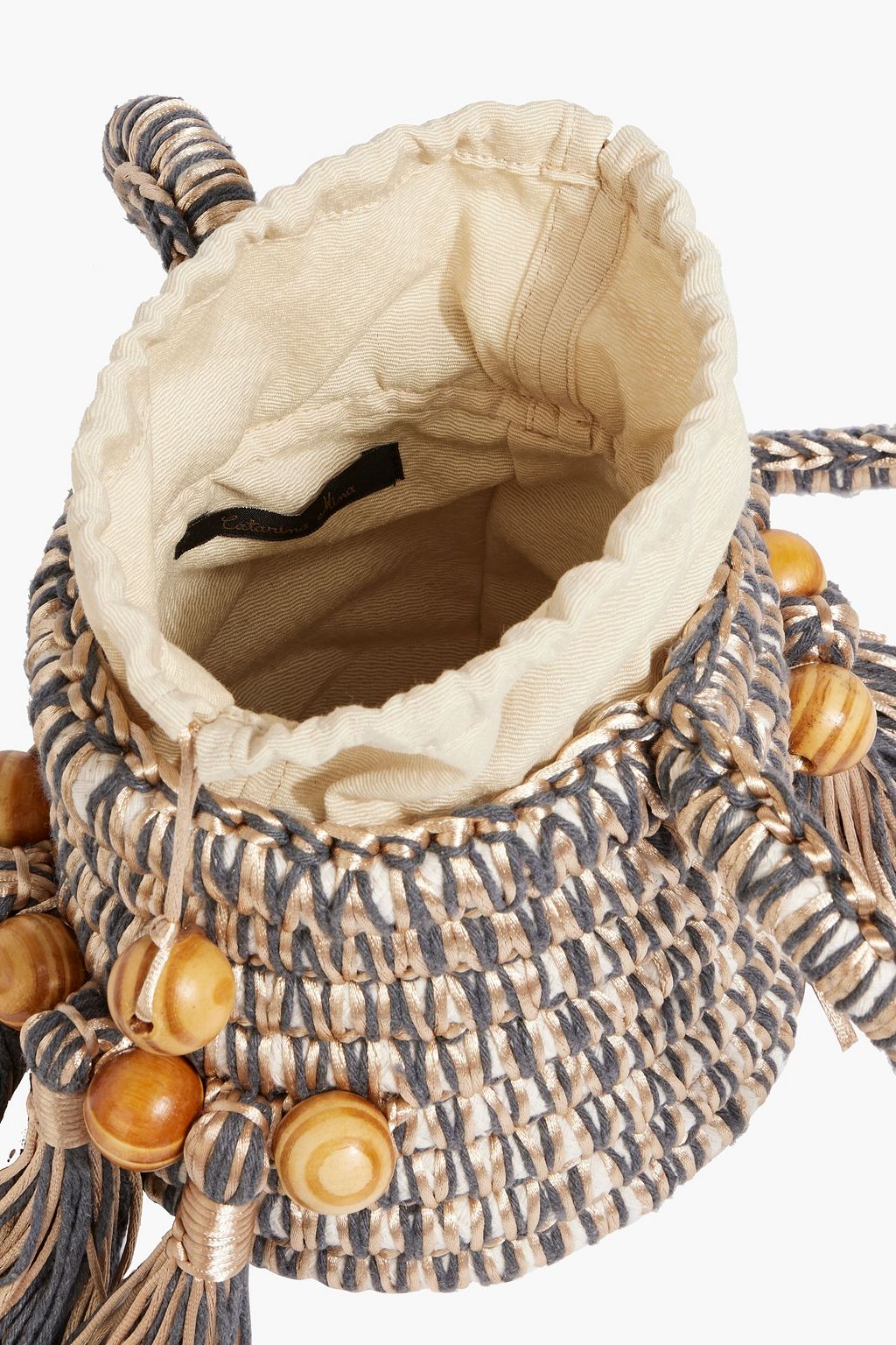 CATARINA MINA Tasseled bead-embellished woven bucket bag