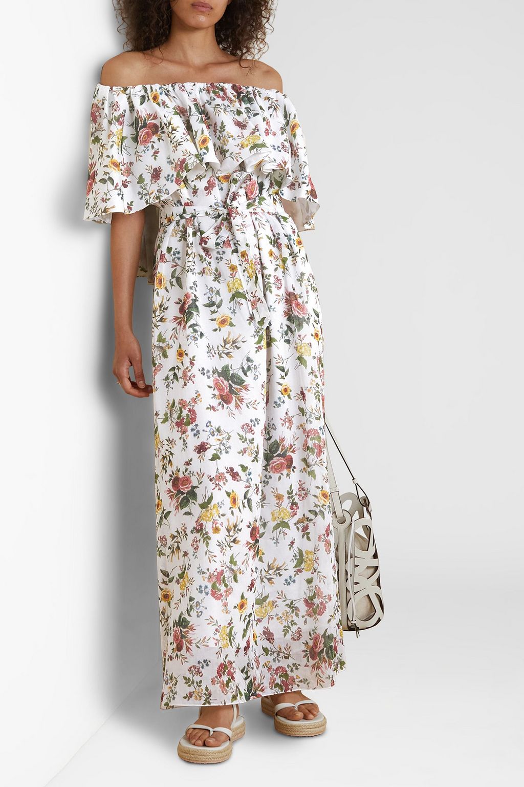 ERDEM 오프 더 숄더 플로럴 프린트 코튼 보일 맥시 드레스