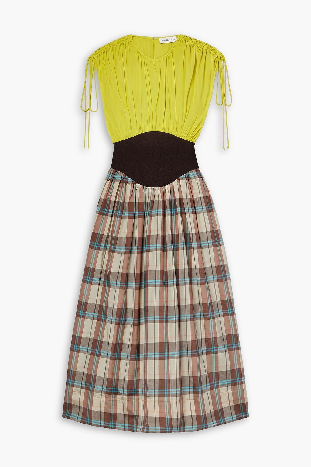 TORY BURCH Checked silk crepe de chine, woven and sateen midi dress ...