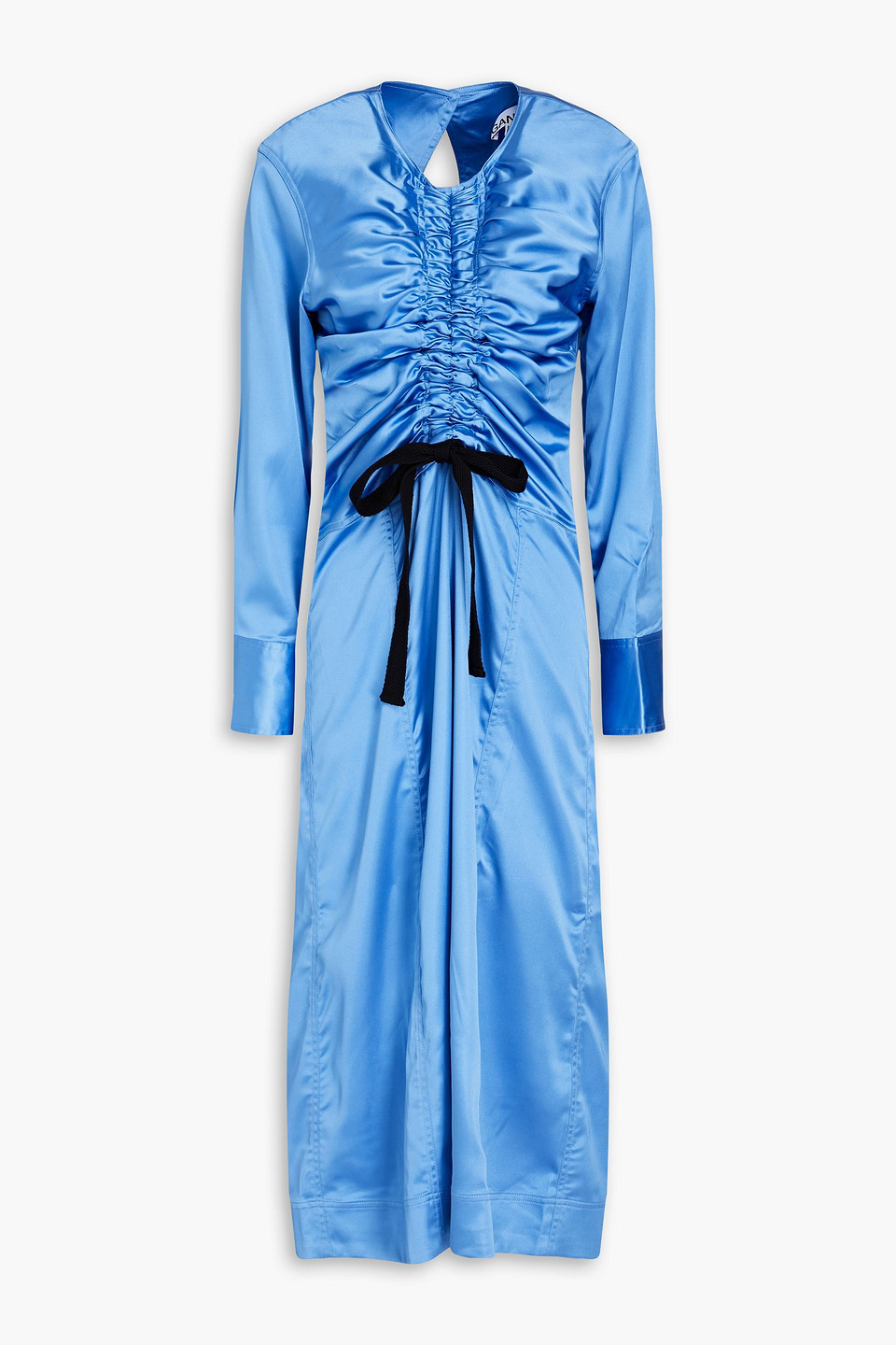 Ganni Ruched Cutout Recycled Stretch-satin Midi Dress In Light Blue