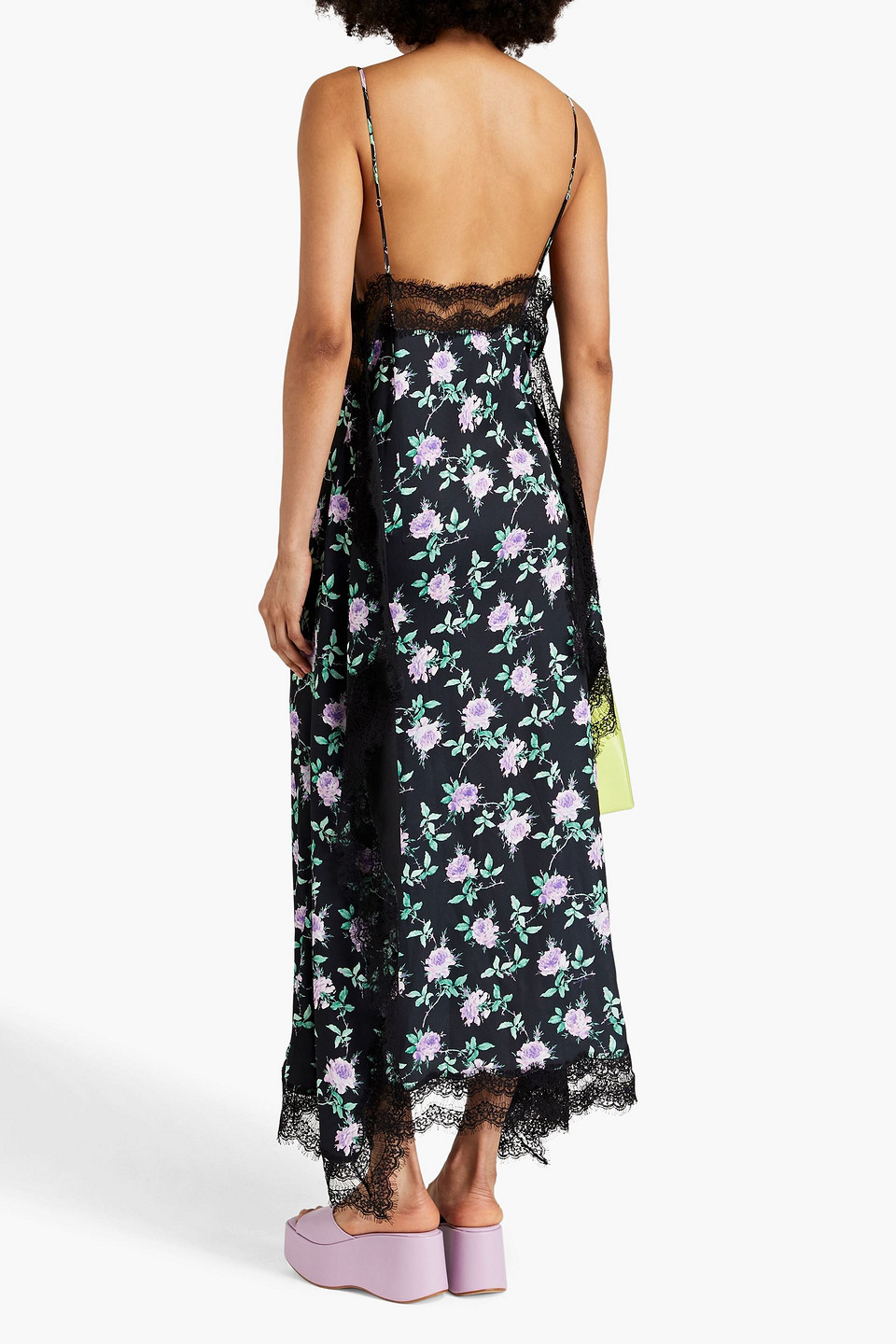 Shop Msgm Lace-paneled Floral-print Crepe De Chine Midi Dress In Black