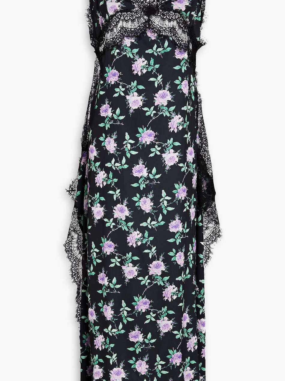 lace-paneled floral-print crepe de chine midi dress
