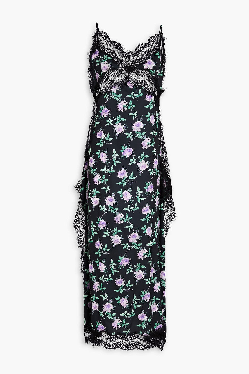 Msgm Lace-paneled Floral-print Crepe De Chine Midi Dress In Black