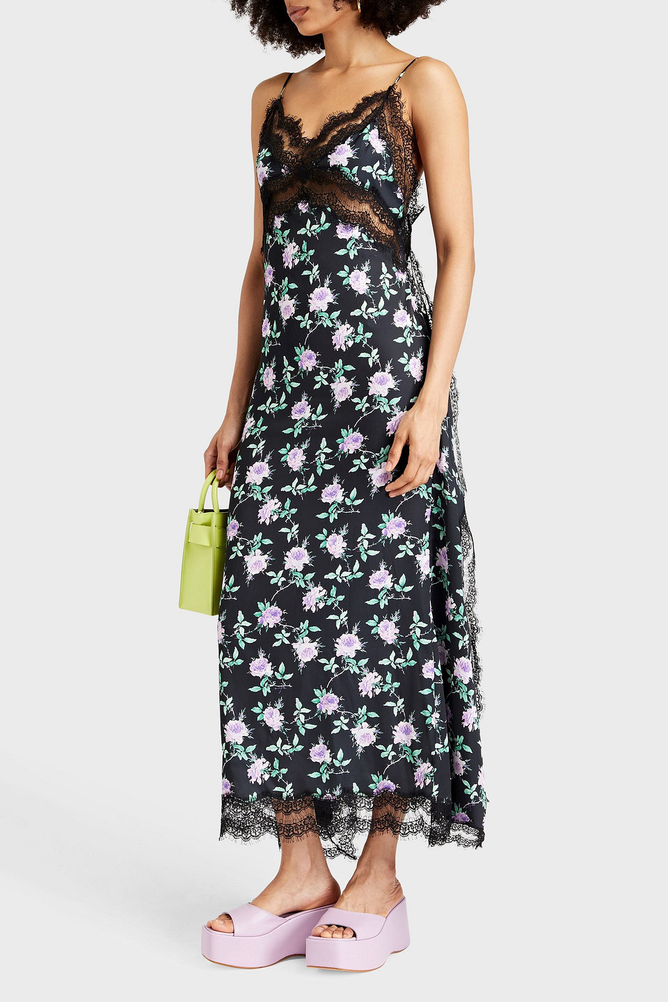 Shop Msgm Lace-paneled Floral-print Crepe De Chine Midi Dress In Black