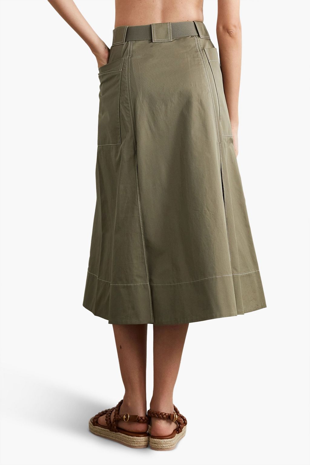 TORY BURCH Leather-trimmed belted pleated cotton-twill midi skirt