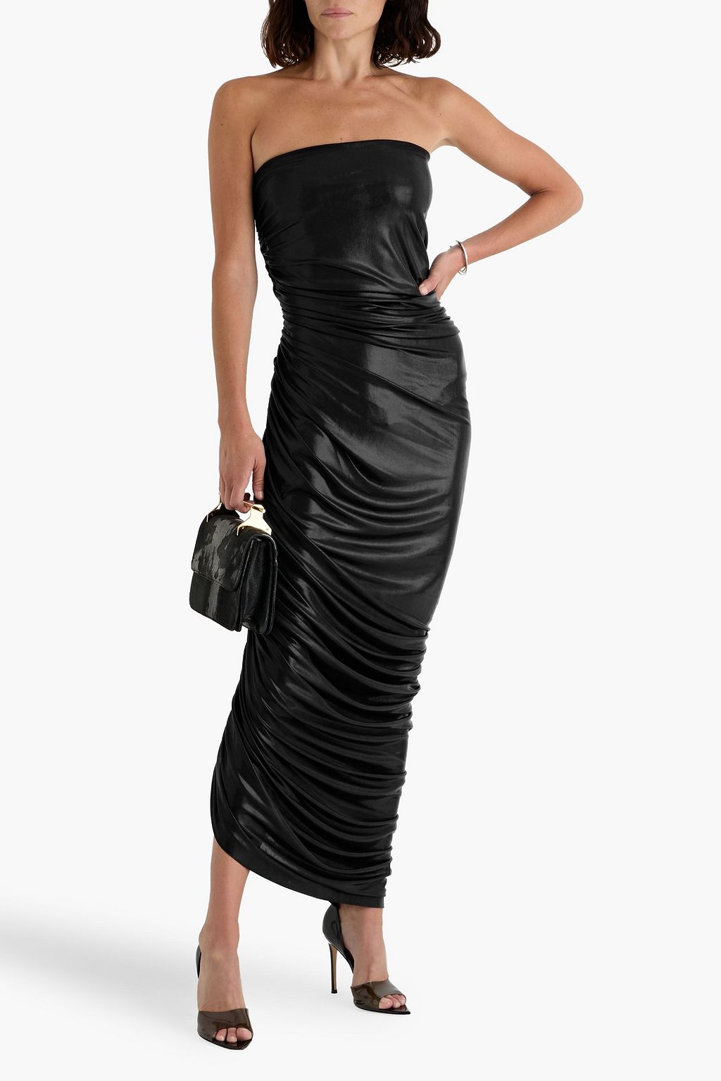 NORMA KAMALI Diana strapless ruched lamé gown