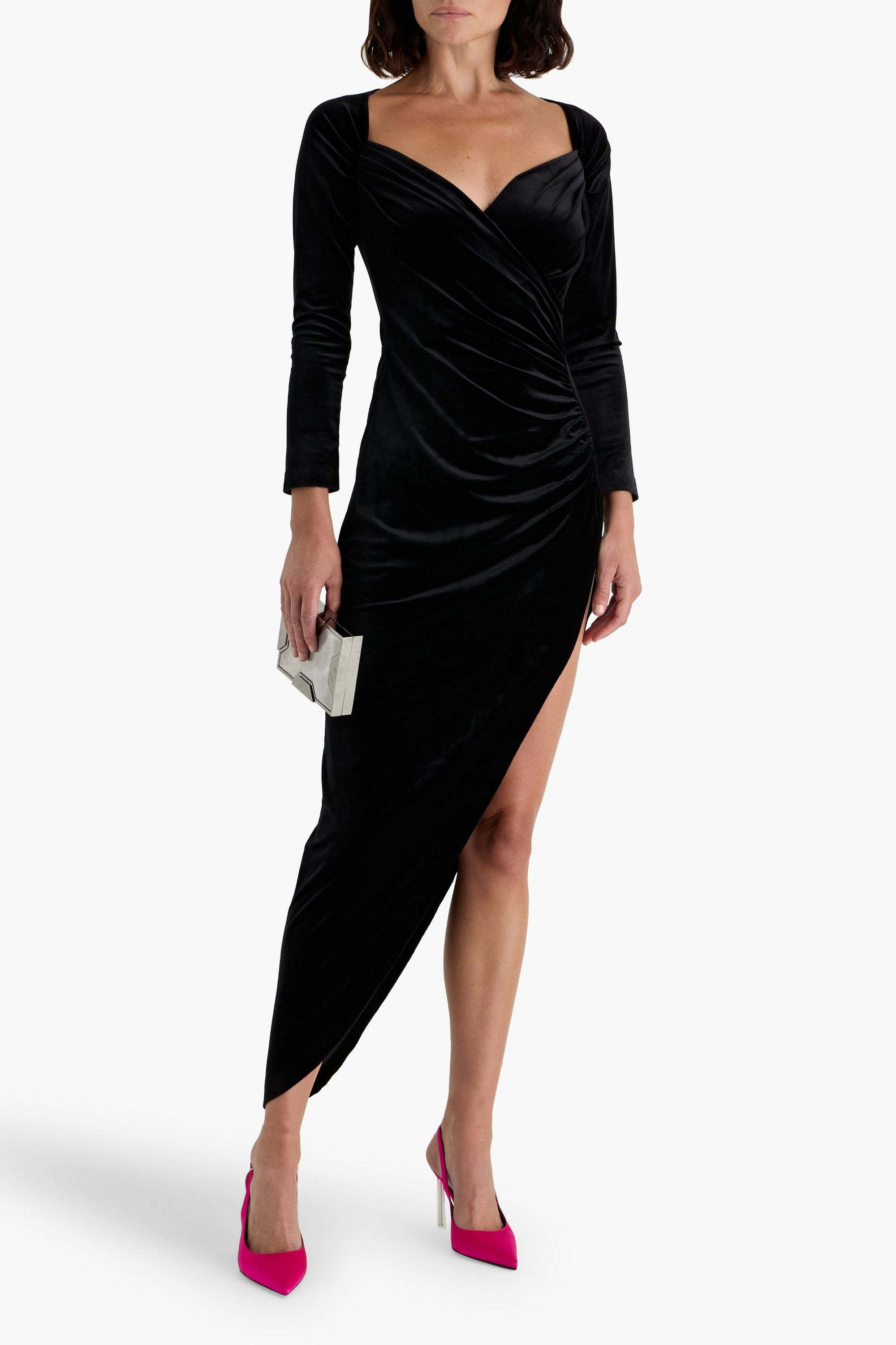 Norma Kamali Asymmetric ruched velvet maxi dress