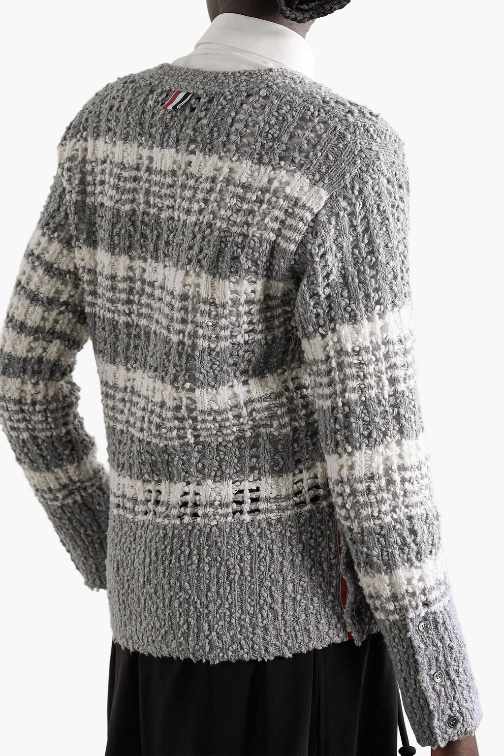 THOM BROWNE Striped open-knit cotton-blend cardigan