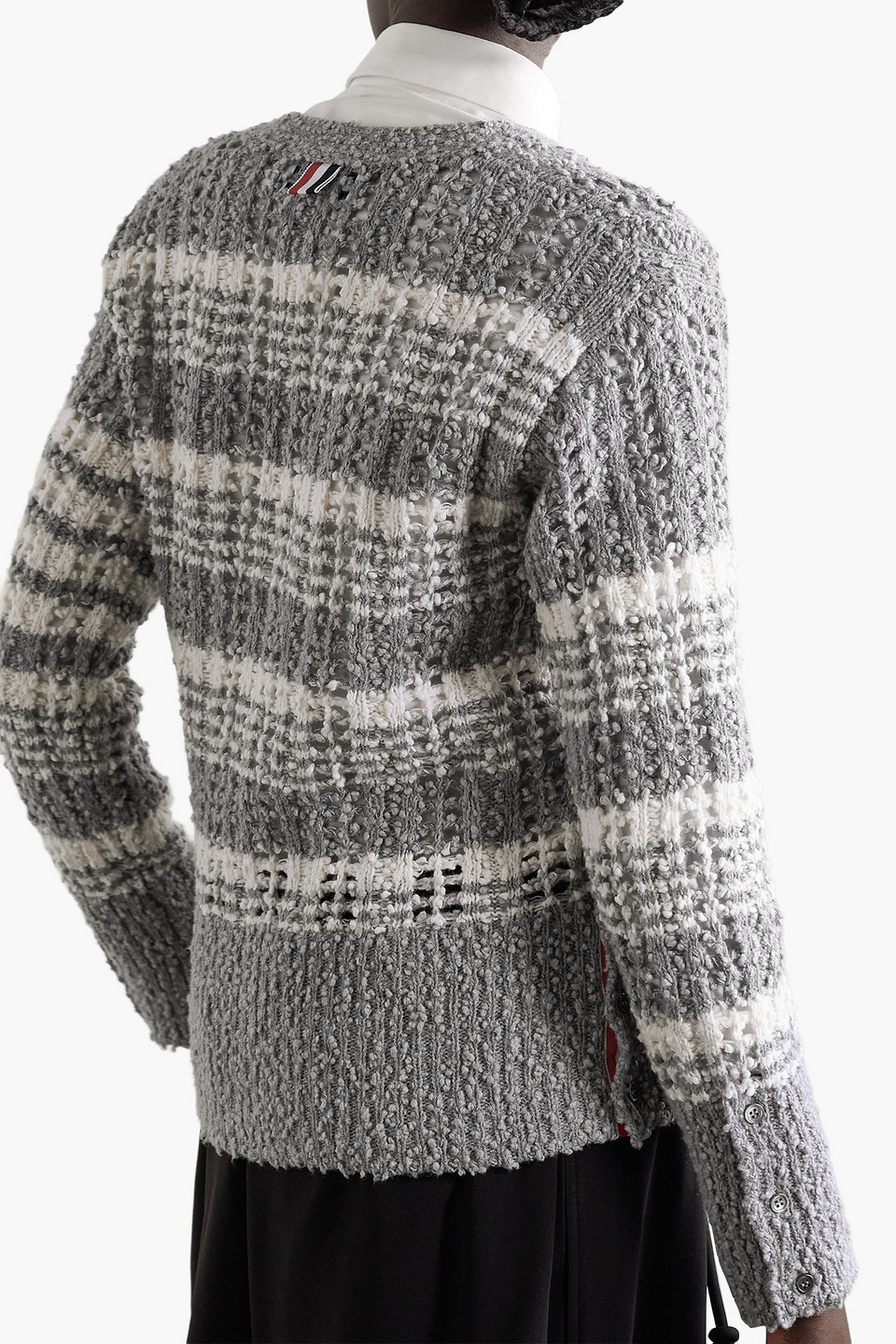 Thom Browne Striped Open-knit Cotton-blend Cardigan In Gray