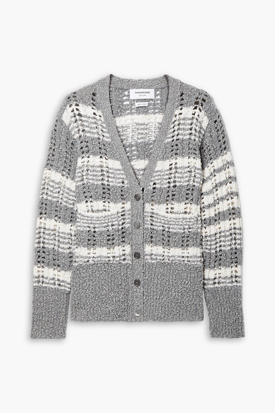 Thom Browne Striped Open-knit Cotton-blend Cardigan In Gray