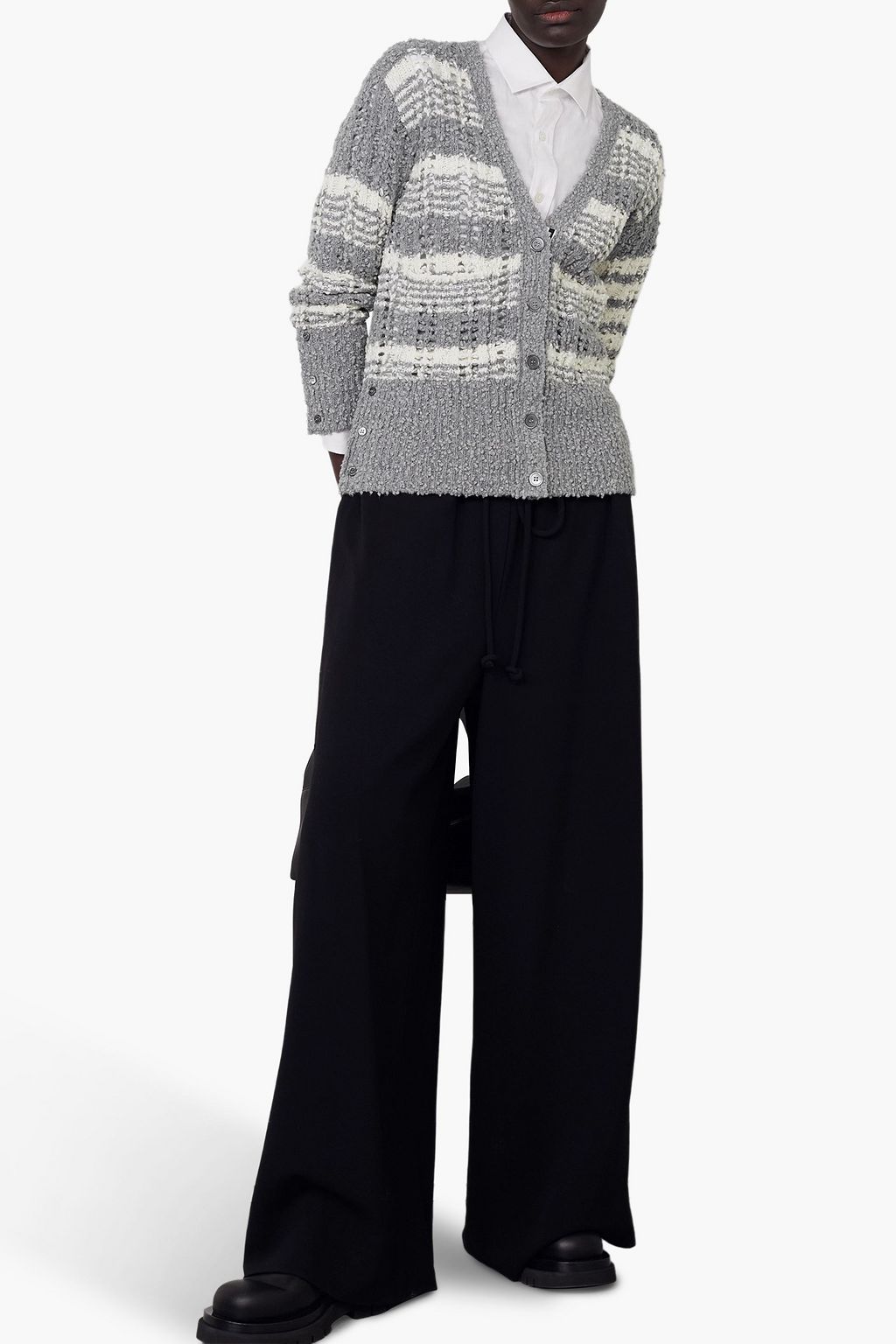 THOM BROWNE Striped open-knit cotton-blend cardigan