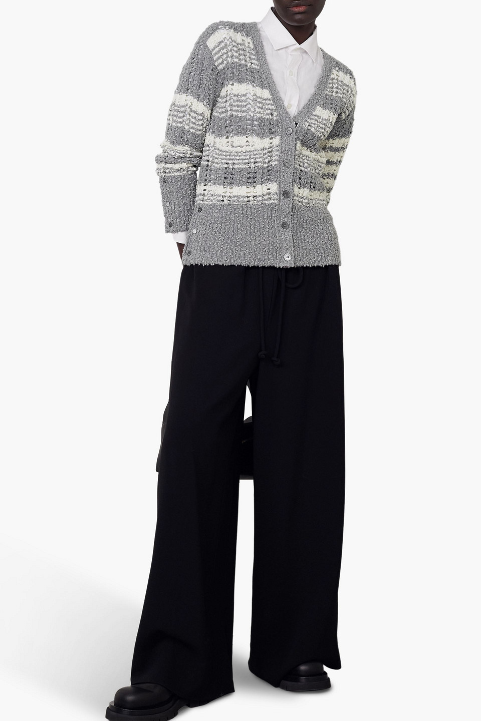 Thom Browne Striped Open-knit Cotton-blend Cardigan In Gray