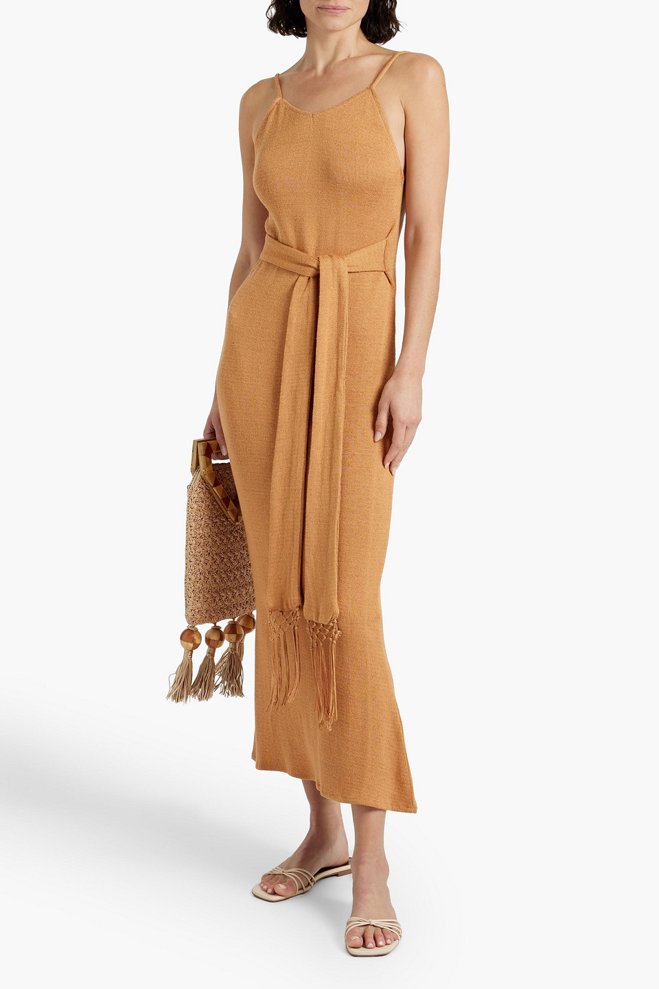 Shop Savannah Morrow Ara Open-back Cotton And Silk-blend Midi Dress In Sand