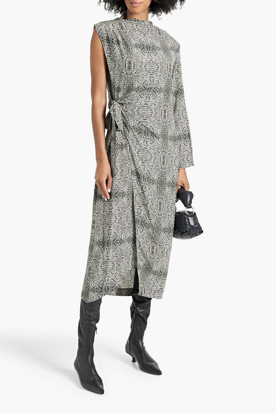 Shop Envelope 1976 Nomad One-sleeve Snake-print Silk-satin Midi Dress In Animal Print