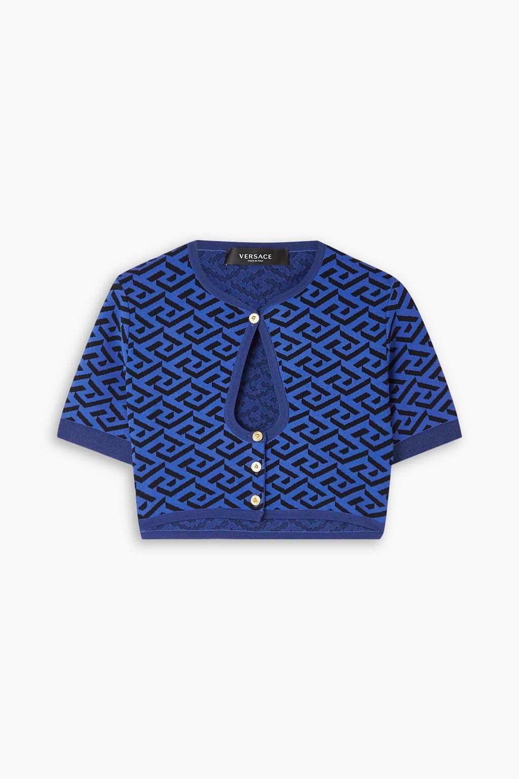 Cropped cutout jacquard knit cardigan