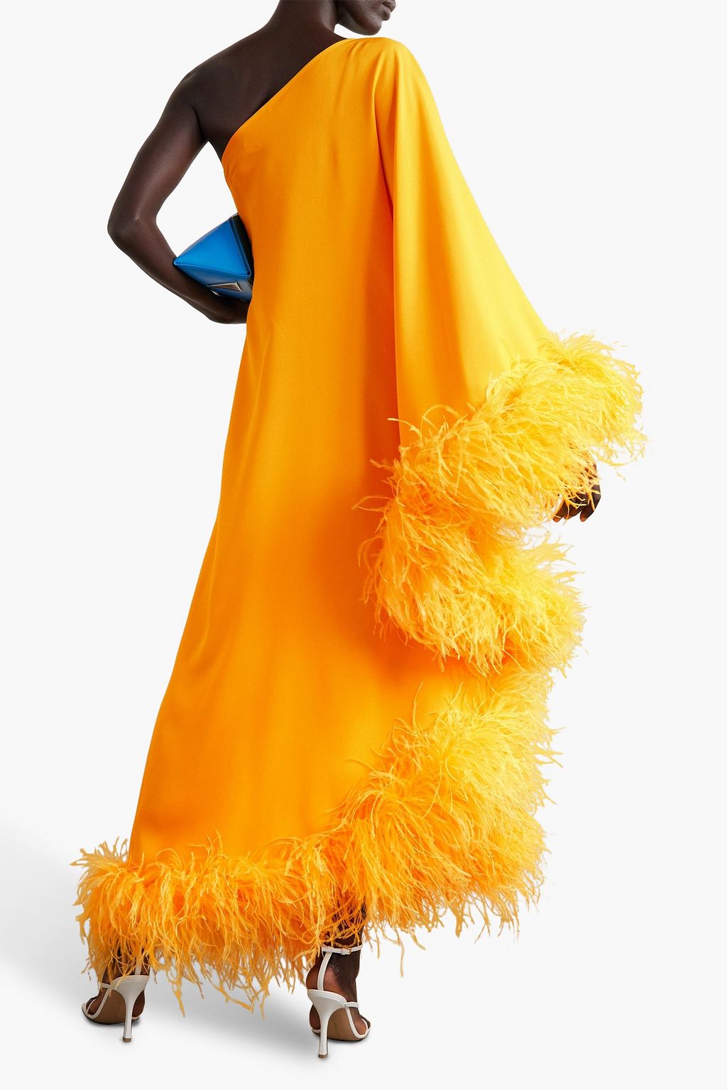 TALLER MARMO Maxikleid „Ubud“ aus Crêpe mit Federbesatz und asymmetrischer Schulterpartie