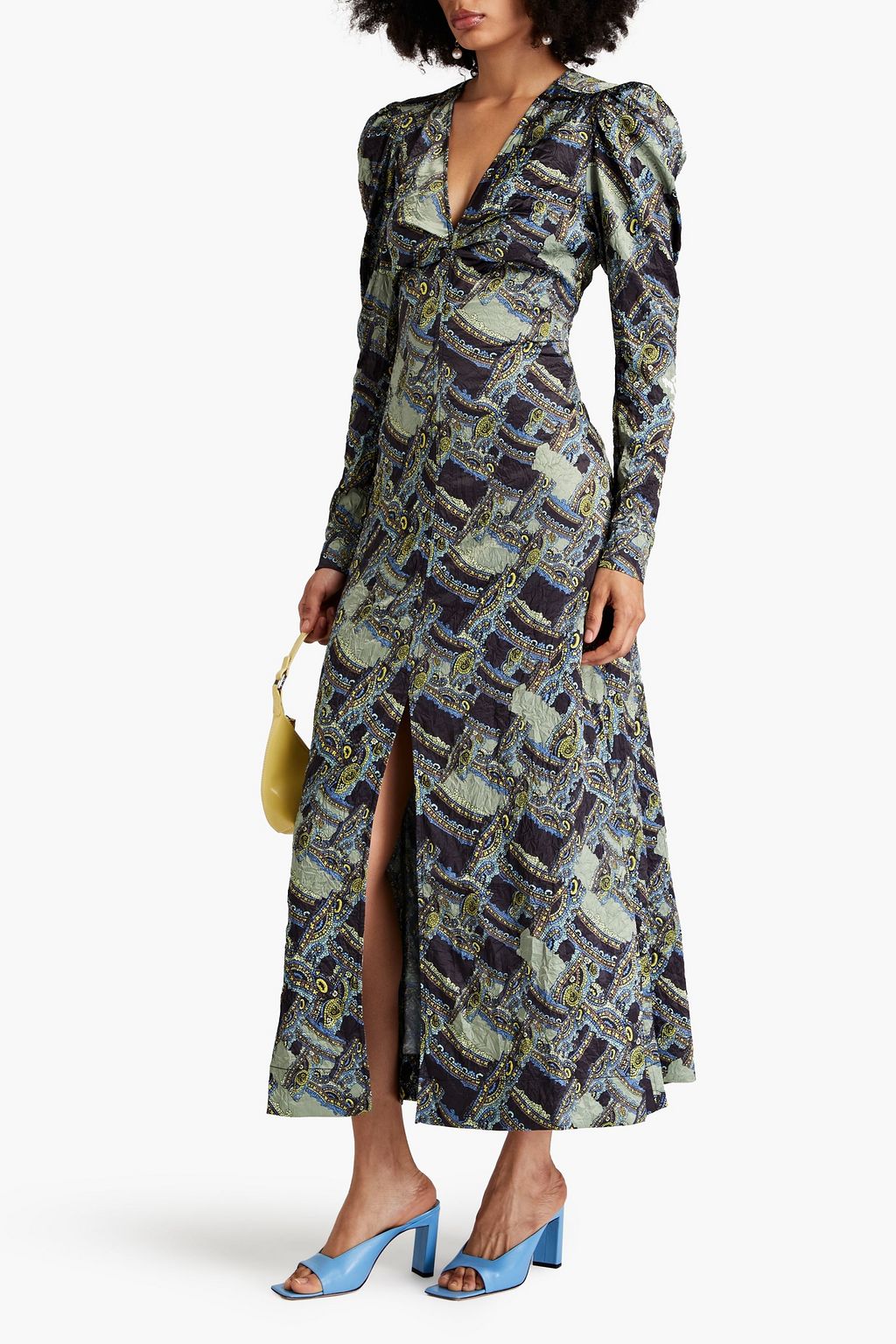 GANNI Crinkled paisley-print stretch-satin maxi dress