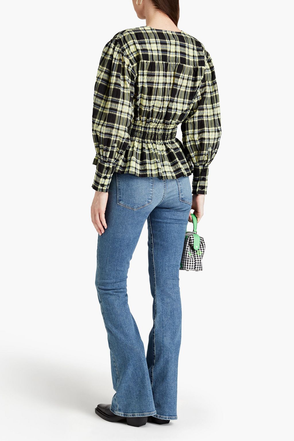 GANNI Checked cotton-blend seersucker blouse