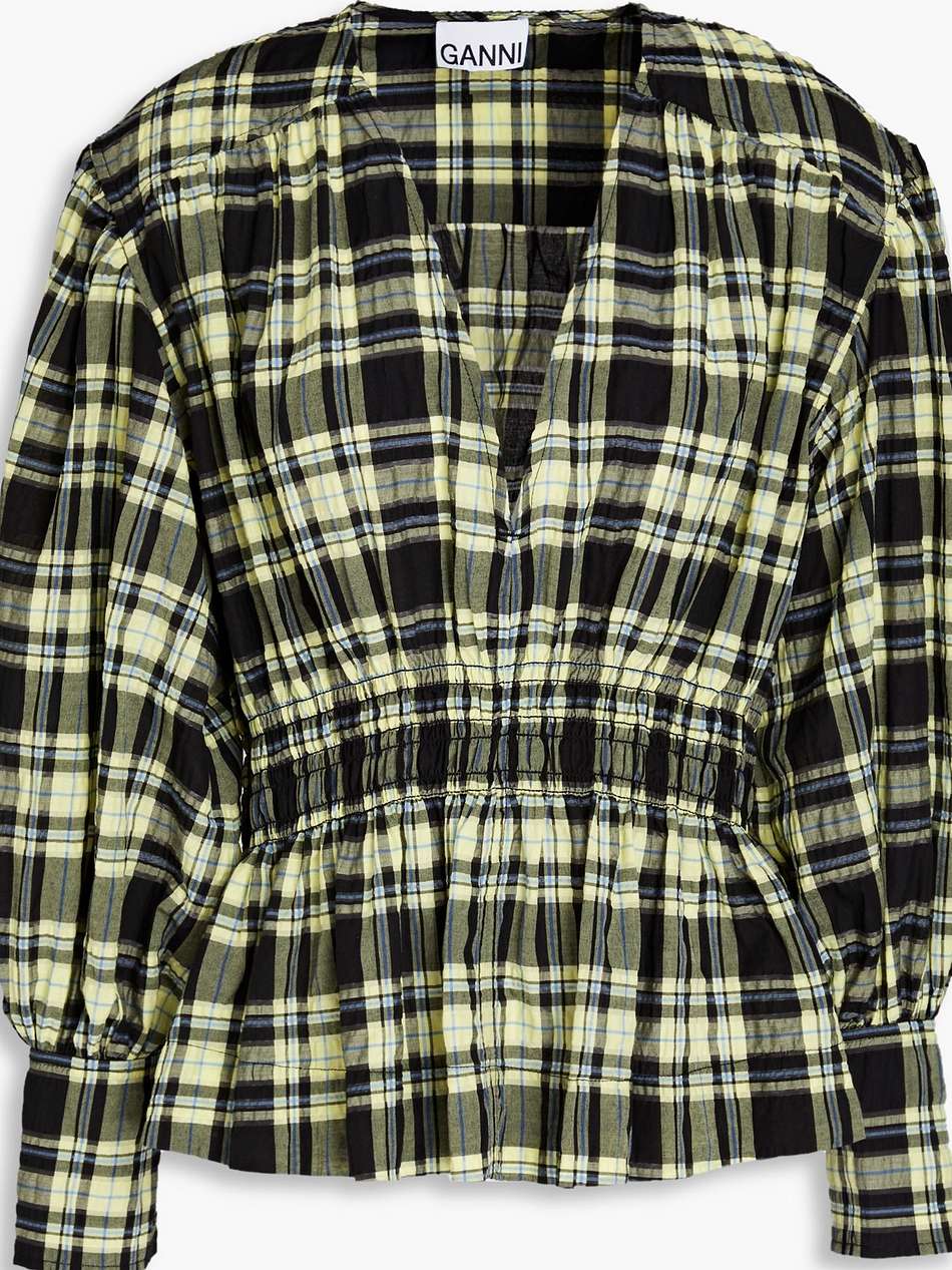 checked cotton-blend seersucker blouse