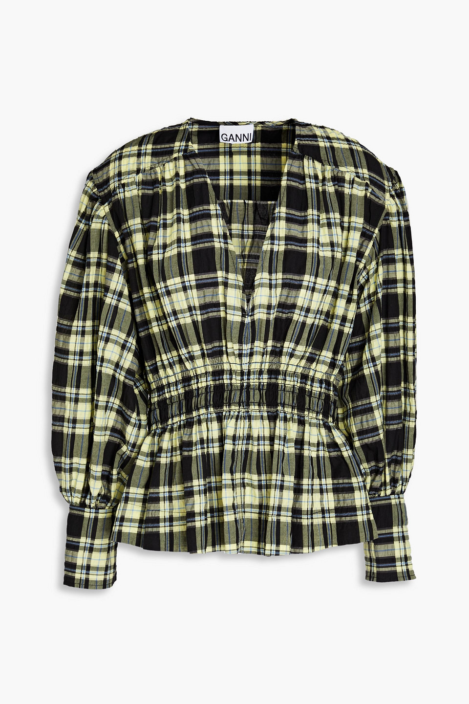 Ganni Elfin Check Organic-cotton Blend Seersucker Blouse In Black