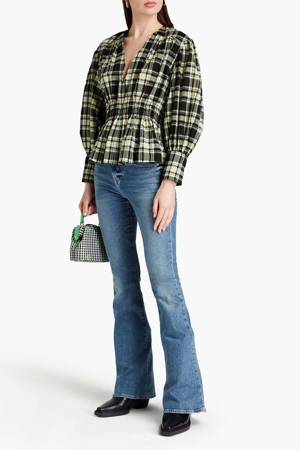 GANNI Checked cotton-blend seersucker blouse