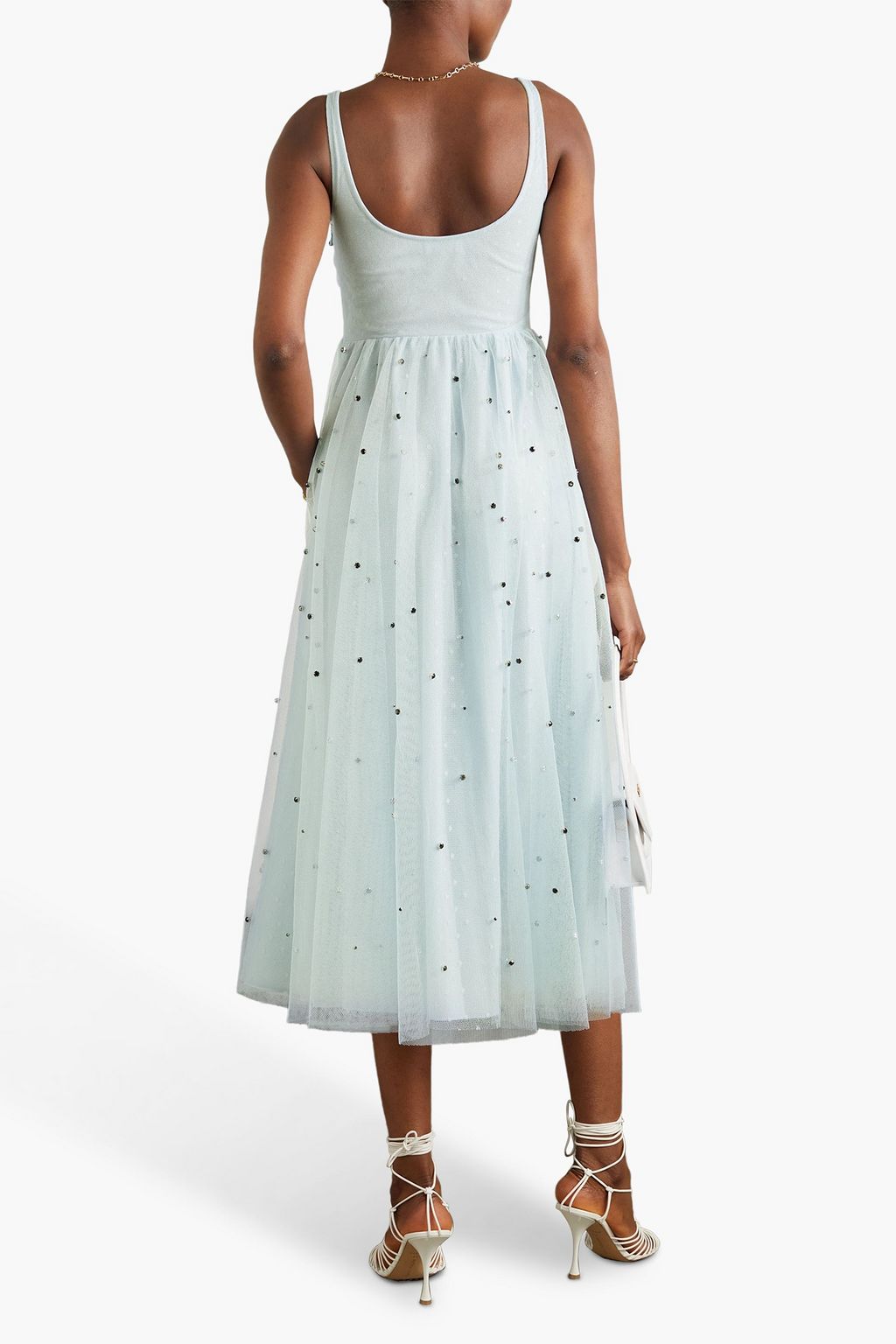 REDVALENTINO Point d'esprit-paneled crystal-embellished tulle midi dress