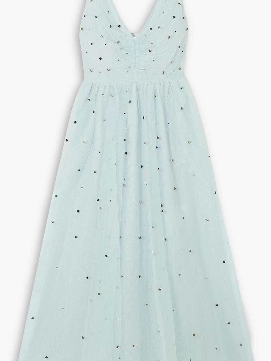 point d'esprit-paneled crystal-embellished tulle midi dress
