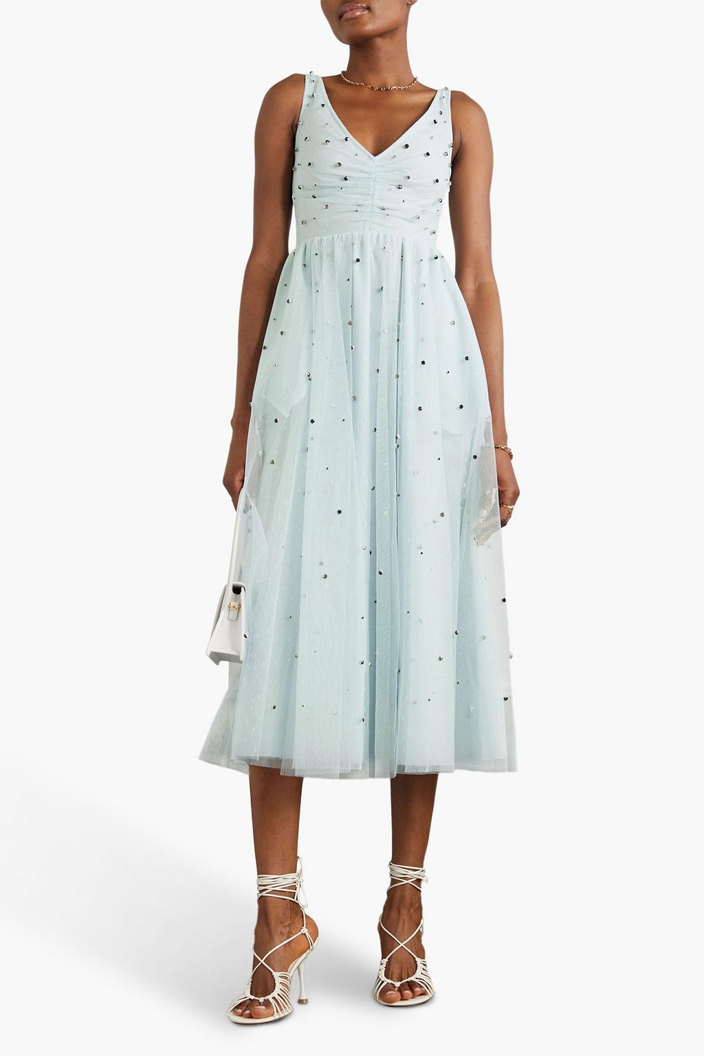 REDVALENTINO Point d'esprit-paneled crystal-embellished tulle midi dress