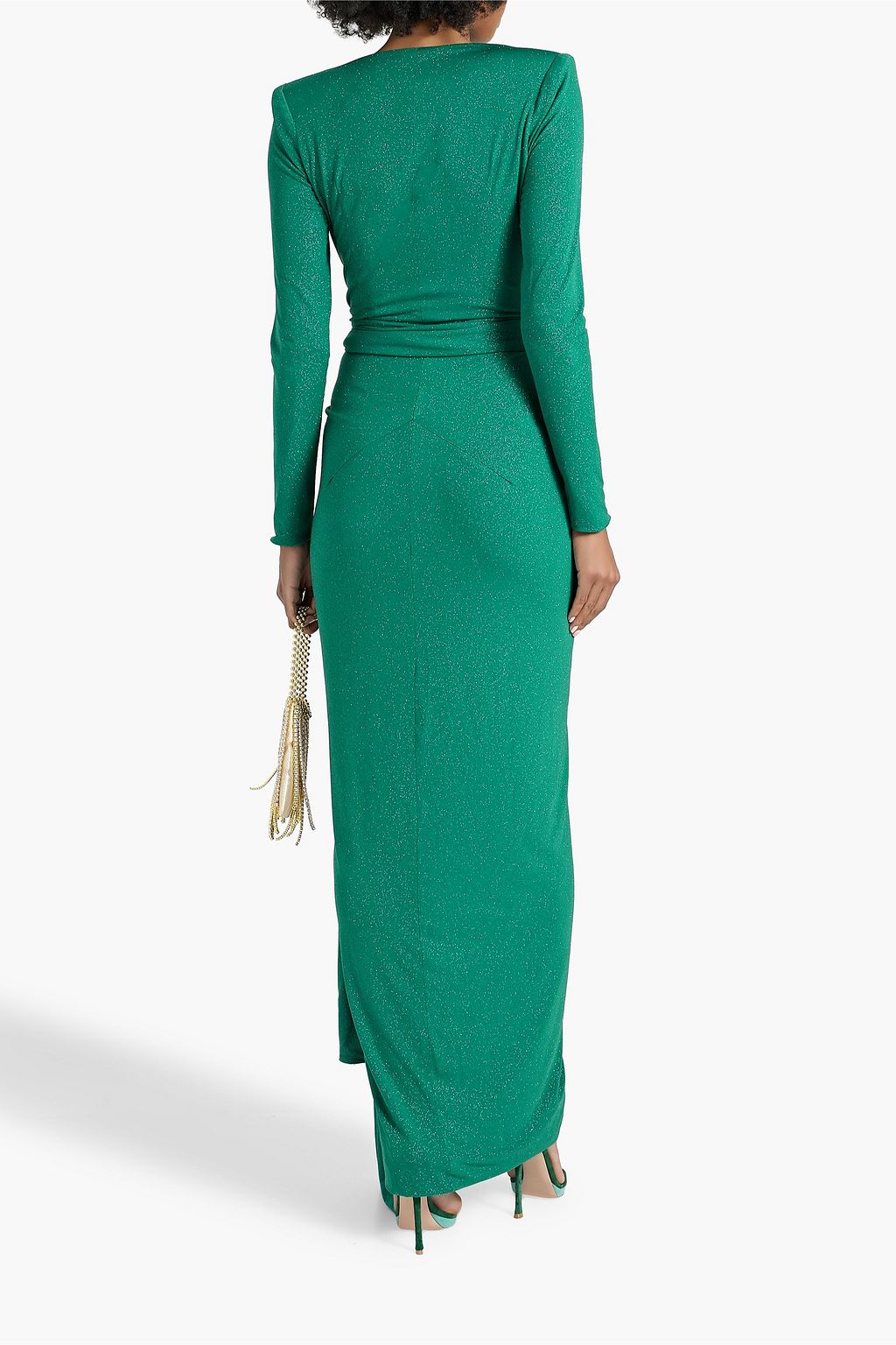 RHEA COSTA Wrap-effect glittered jersey gown
