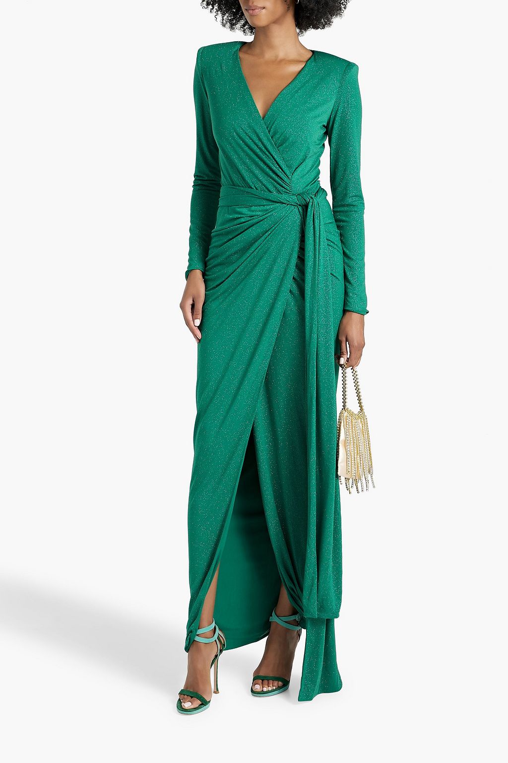 RHEA COSTA Wrap-effect glittered jersey gown