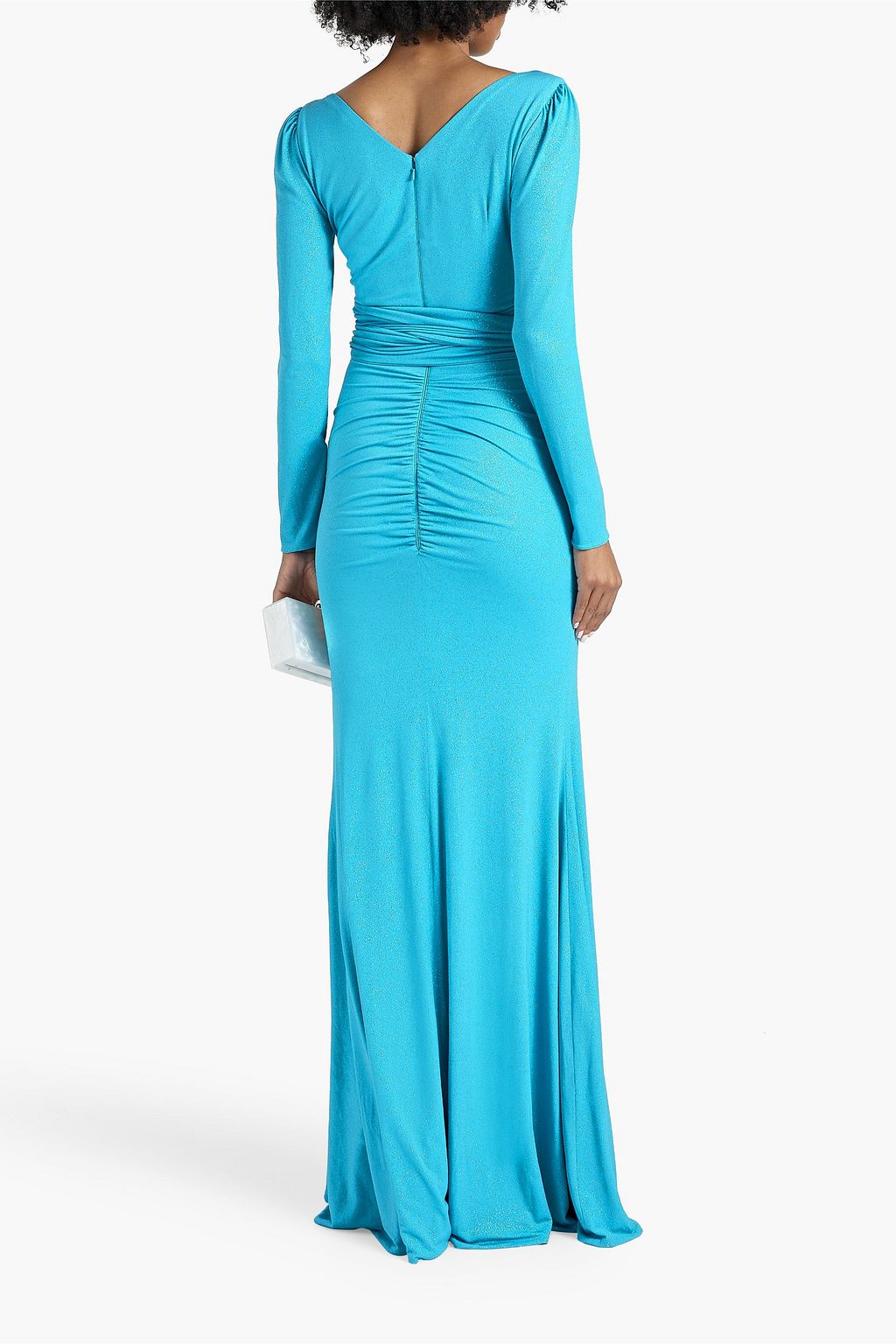 RHEA COSTA Ruched glittered jersey gown