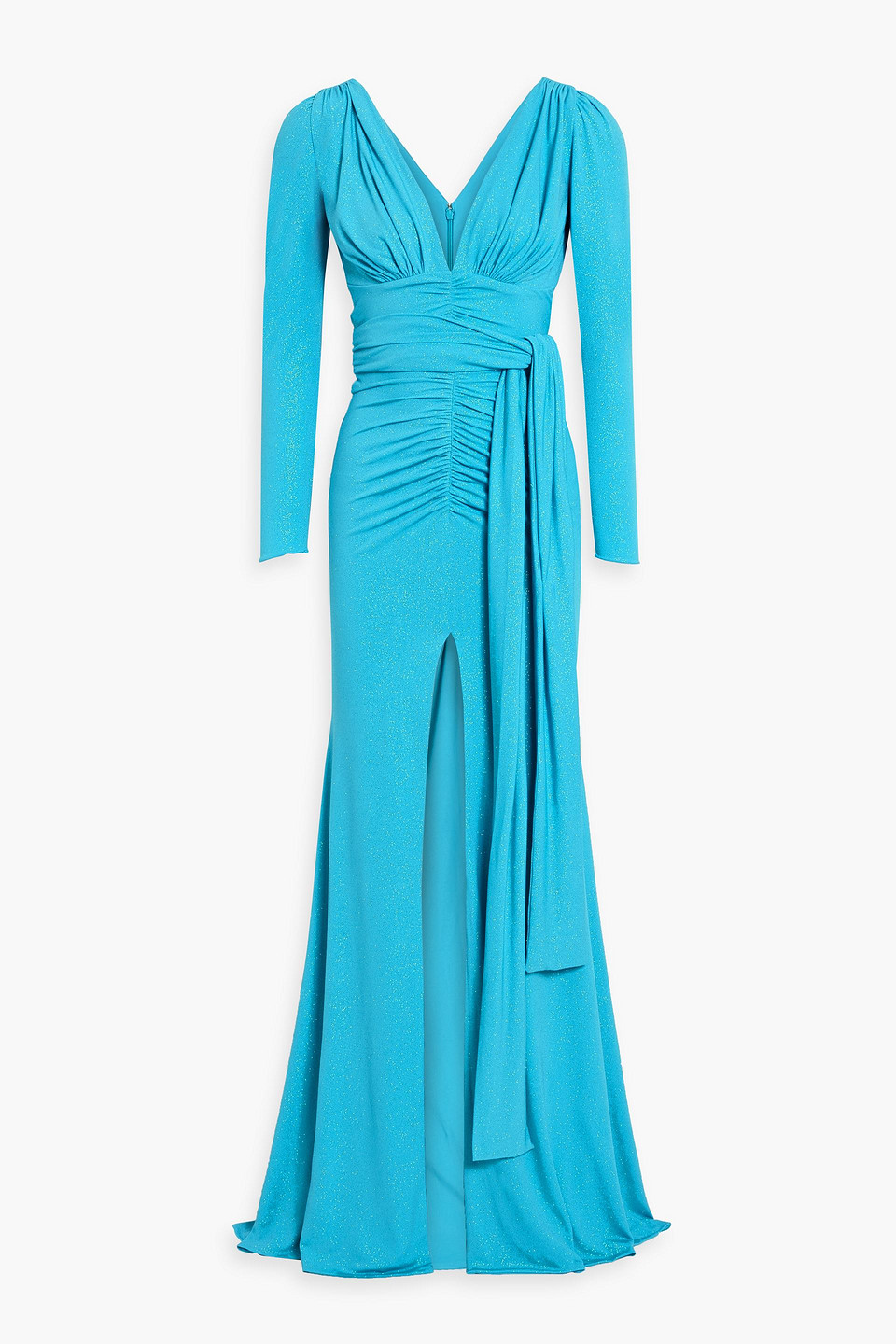 Rhea Costa Ruched Glittered Jersey Gown In Azure