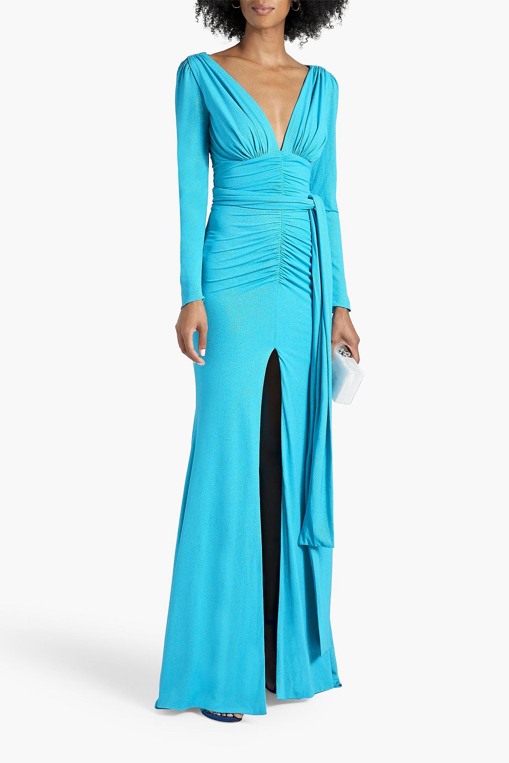 RHEA COSTA Ruched glittered jersey gown