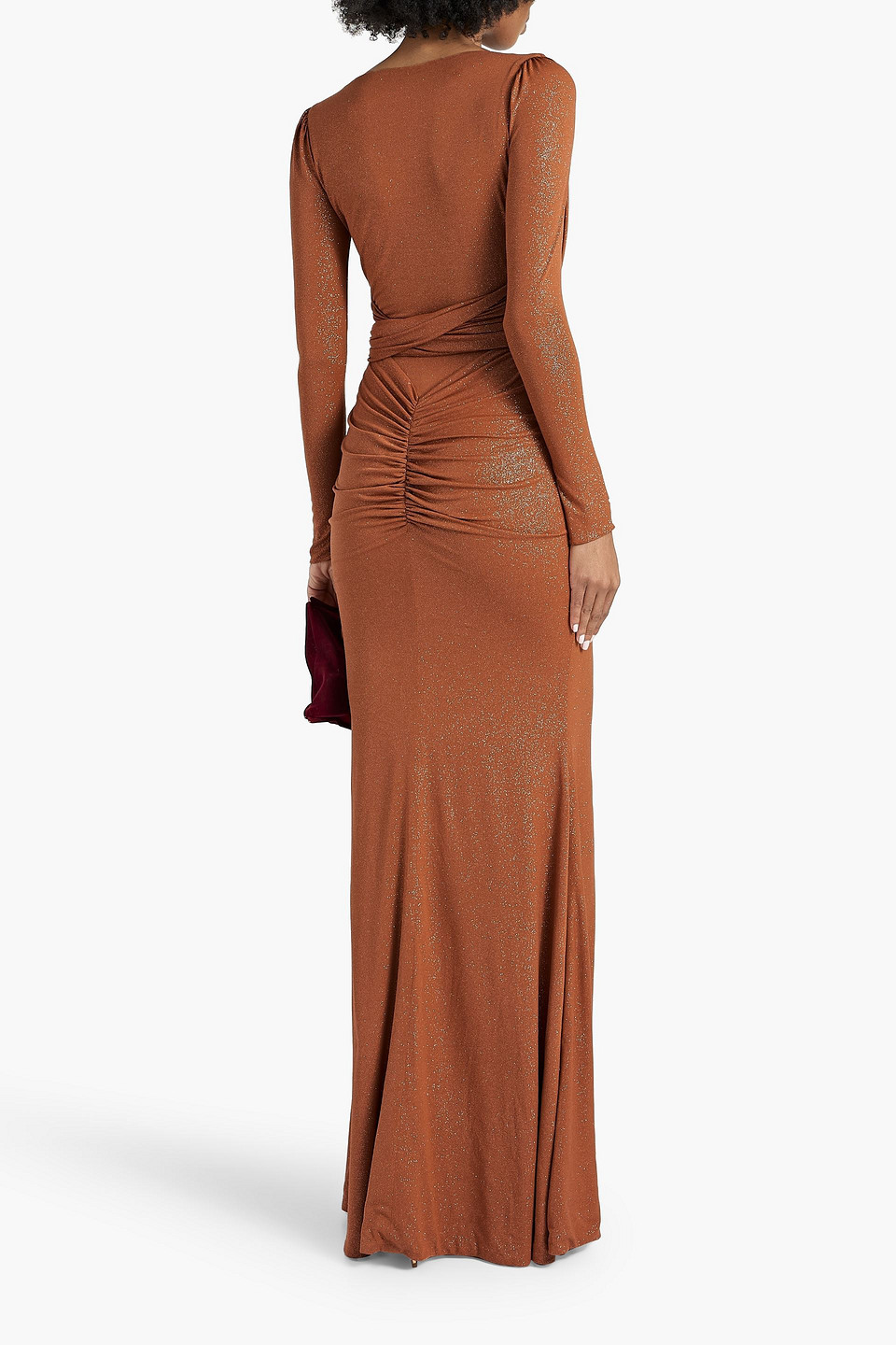 Shop Rhea Costa Ruched Tulle-paneled Glittered Jersey Gown In Copper