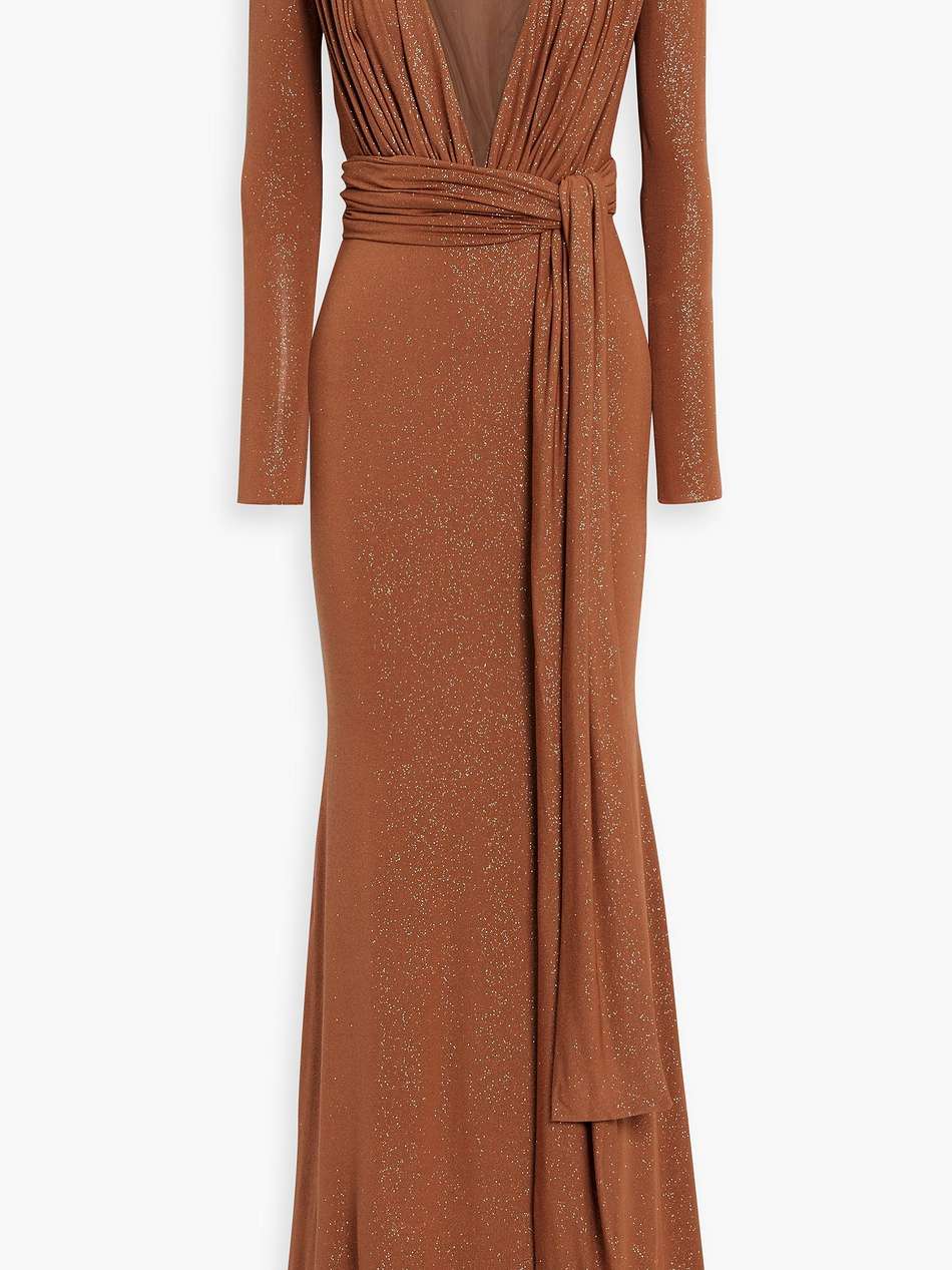ruched tulle-paneled glittered jersey gown